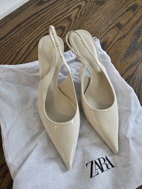 Zara Cream Patent Slingback Pointed Heels